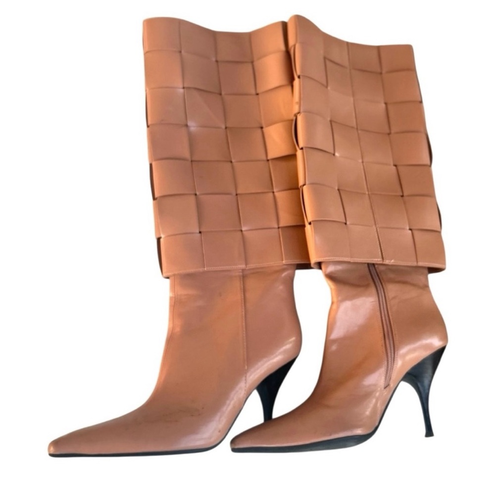 Caramel Tan Weave High Heel Pointed Toe Boots Size 8 Business Casual Flirty